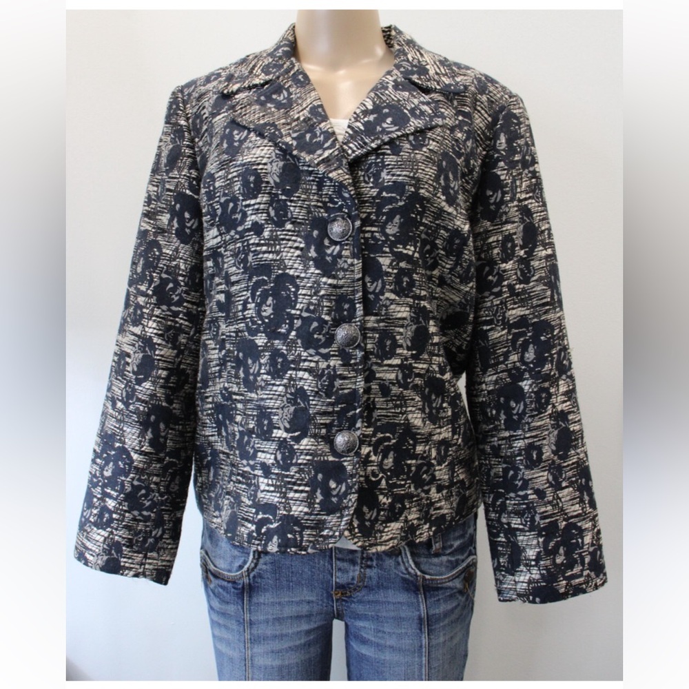 Chico’s Women’s Jacquard Blazer Jacket Navy Floral Size 2 Work Layer Event